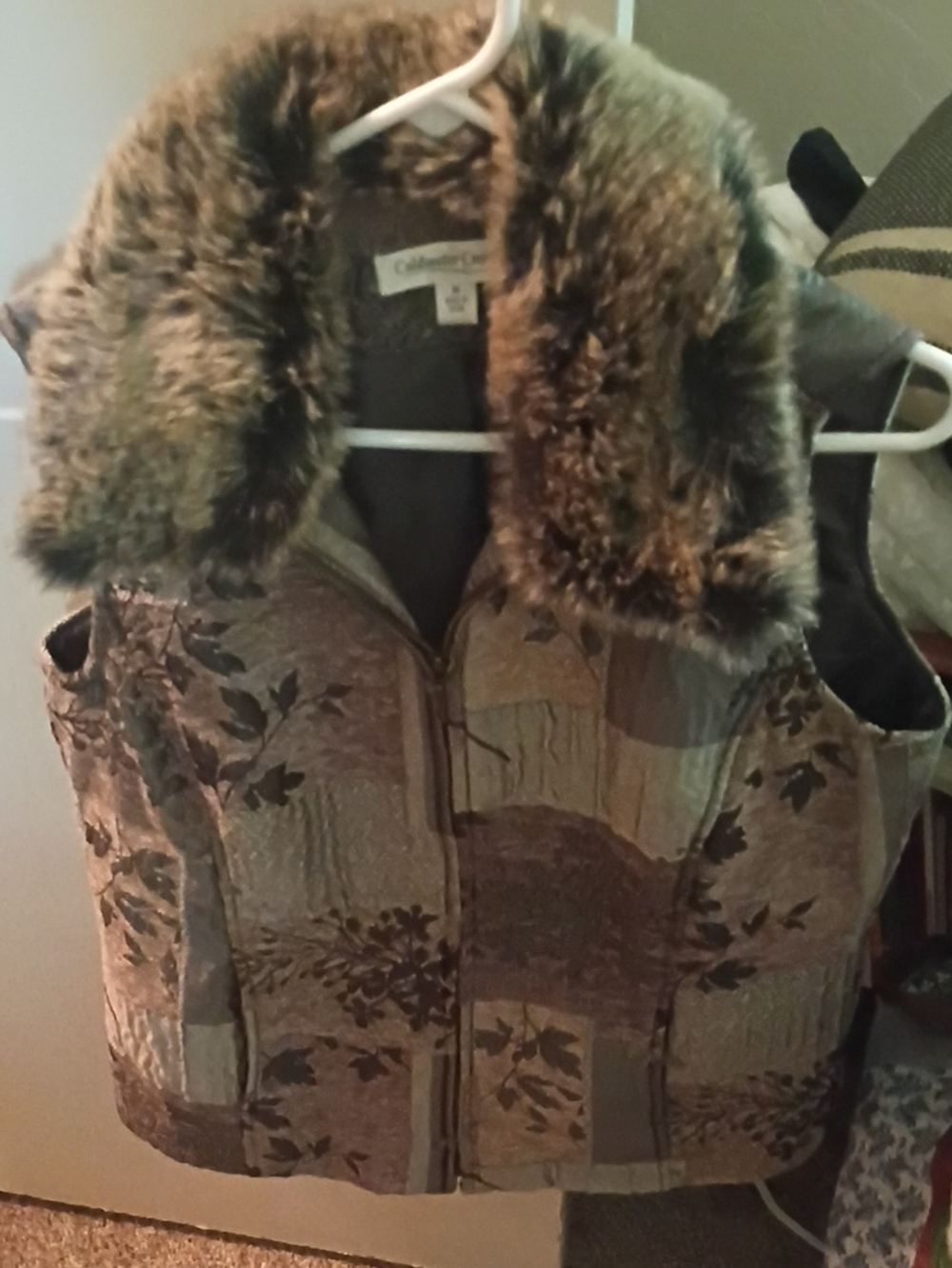 Coldwater Creek Brown Multi Tapestry Vest with Faux Fur Collar